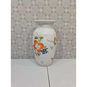 Floral Vase Made in Italy Ceramic Hand Painted Orange‎ Blue Flowers